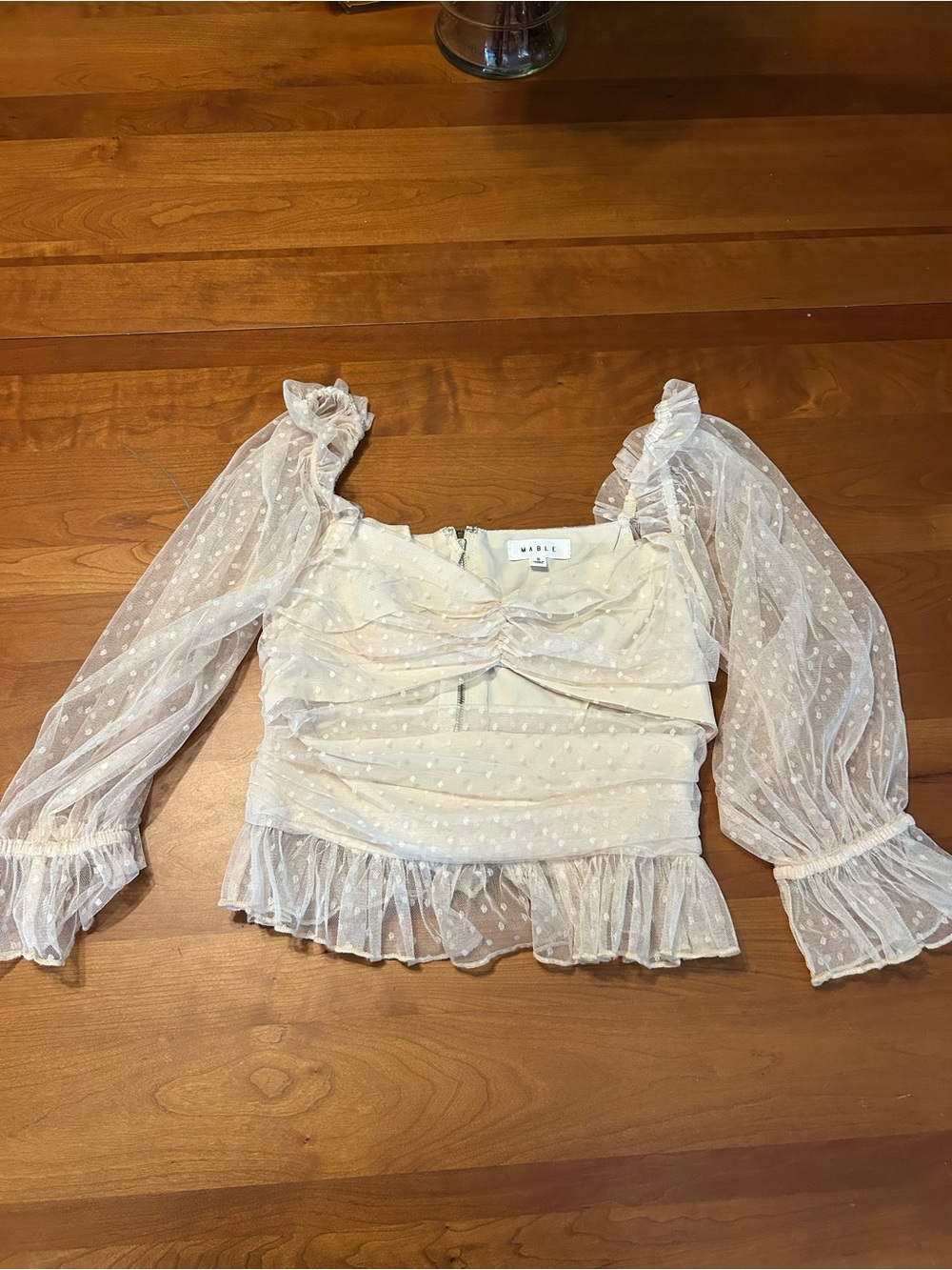 MARBLE Cream Swiss Dot Ruffle Puff-Sleeve Crop Top